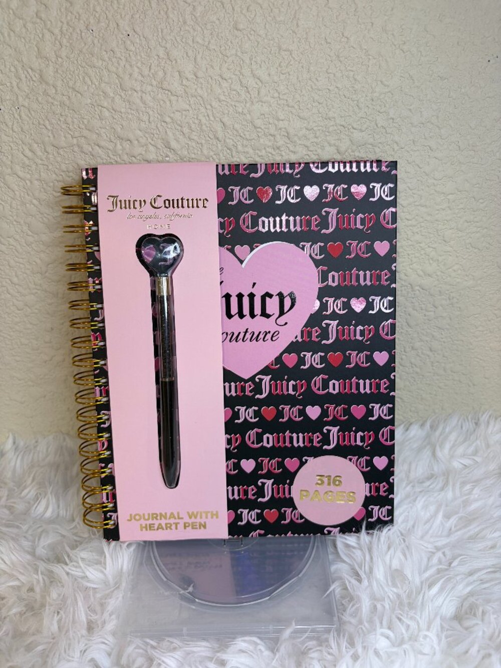 Juicy Couture Large Pink Black Heart Spiral Journal 316 Pages Pen NWT